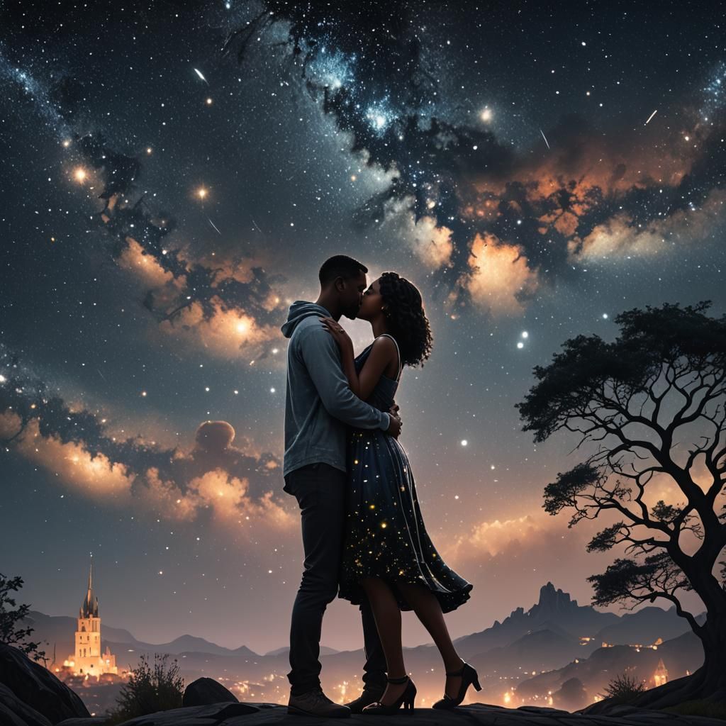 Black Couple Kissing Under Starry Sky