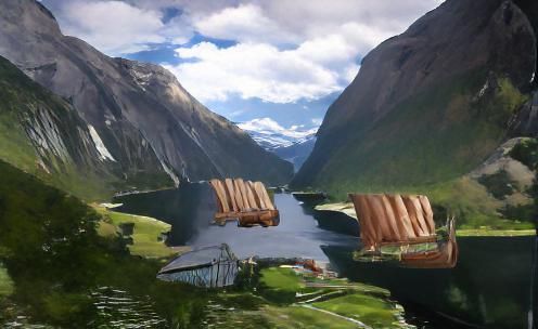 Viking Longships in Fjord: Kandinsky-Style Oil Painting