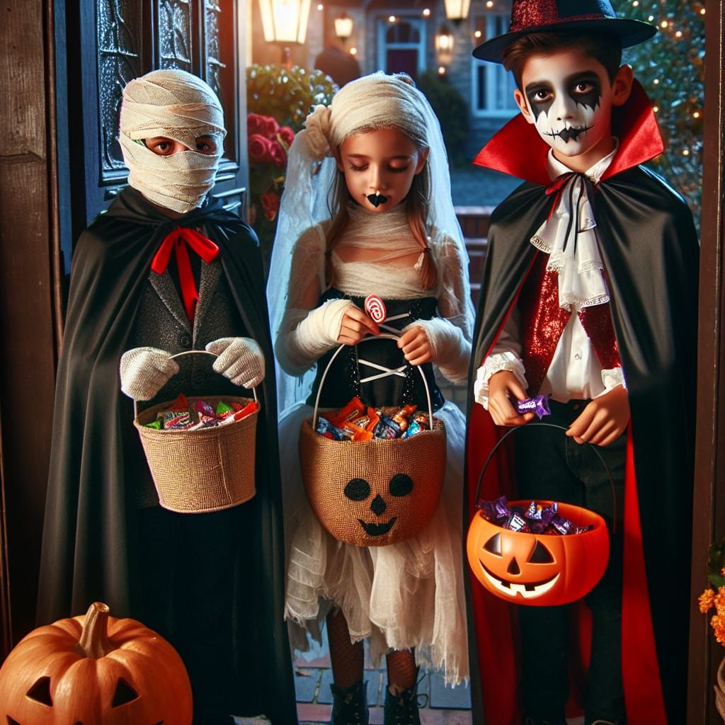 Trick-or-Treaters on Doorstep Receiving Candy