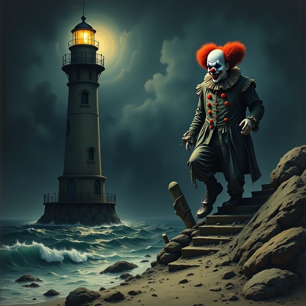 Clown Ascends Lighthouse Stairs in Haunting Style