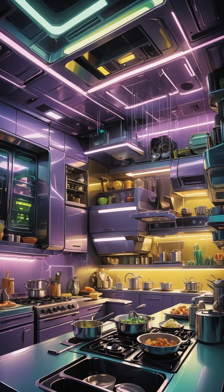 Sleek Futuristic Kitchen in Metallic Spaceship: Digital Art