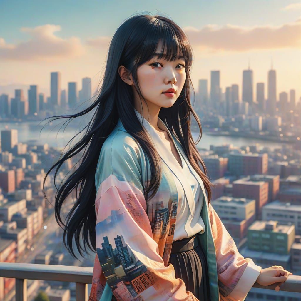 Vibrant Seoul Cityscape with a Dreamy, Anime-Inspired Woman