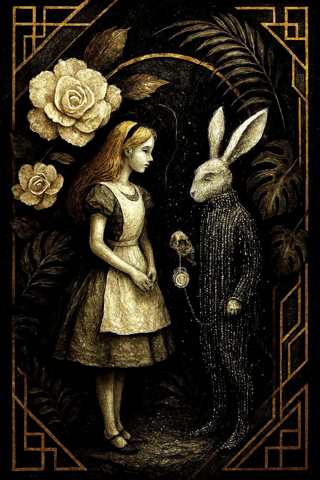 Surreal Alice in Wonderland with Matrix Tattoo, Art Deco Sty...