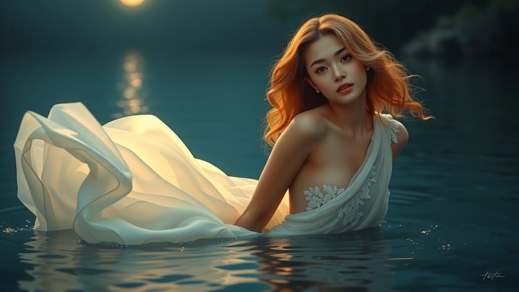 Young Asian Woman in Ethereal Evening Gown by Moonlit River