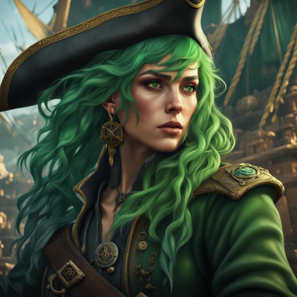 Green-Haired Pirate Woman Portrait in Detailed Matte Paintin...