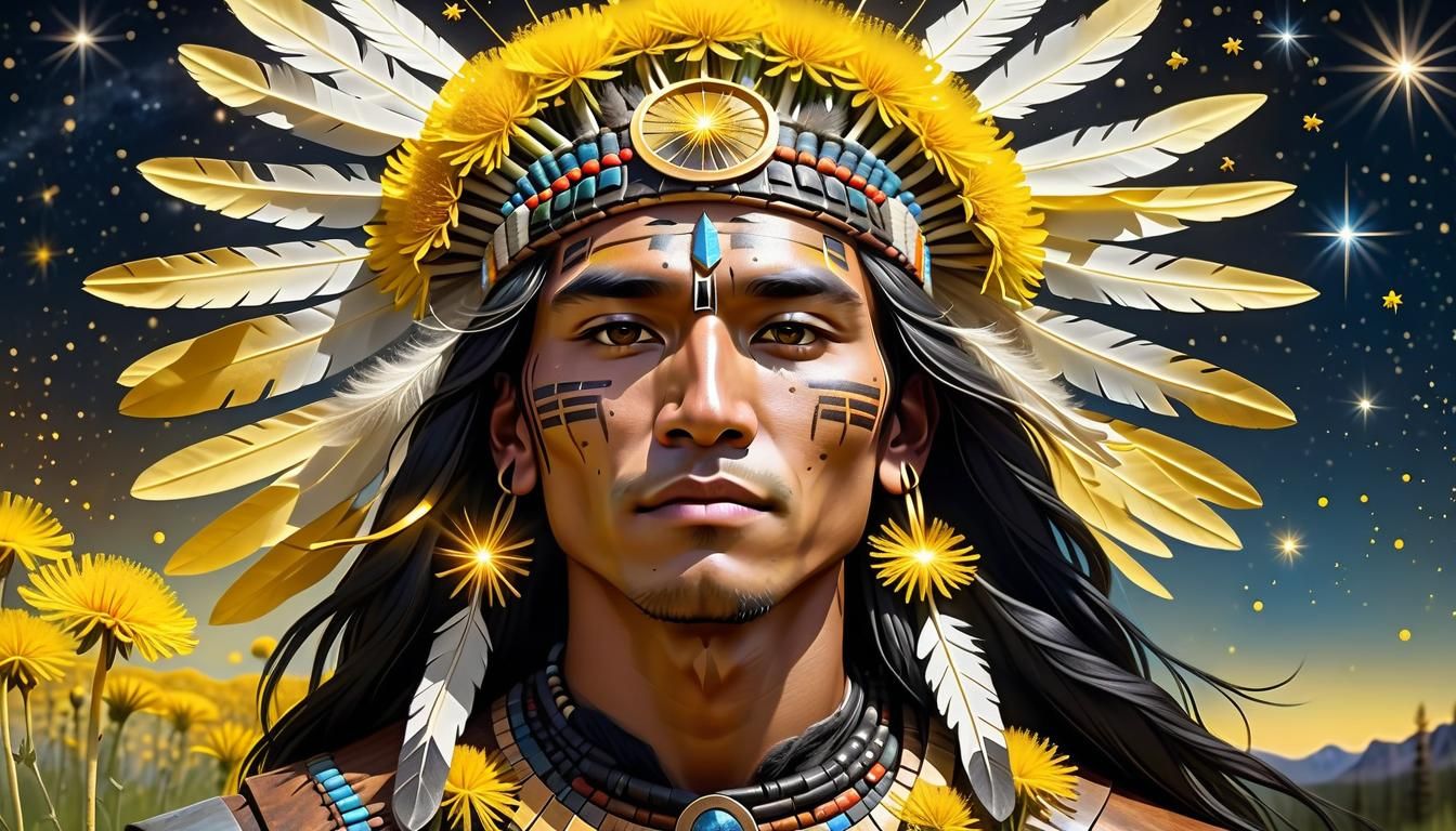 Native American Warrior Crowned in Sunlight and Stars