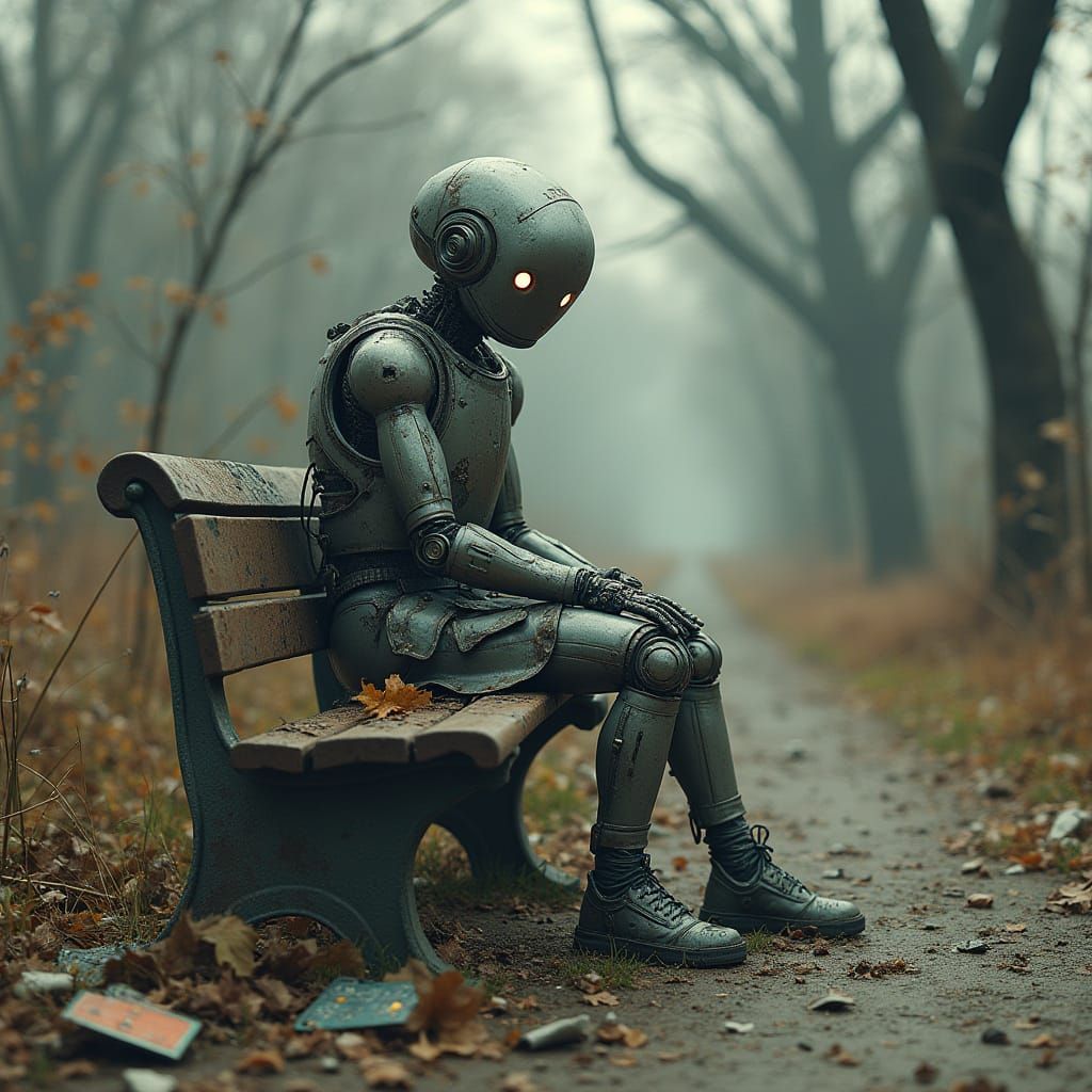 Melancholic Robot in Abandoned Digital Park: Digital Paintin...