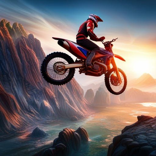 Motorcycle Jumps Canyon in Detailed Matte Painting