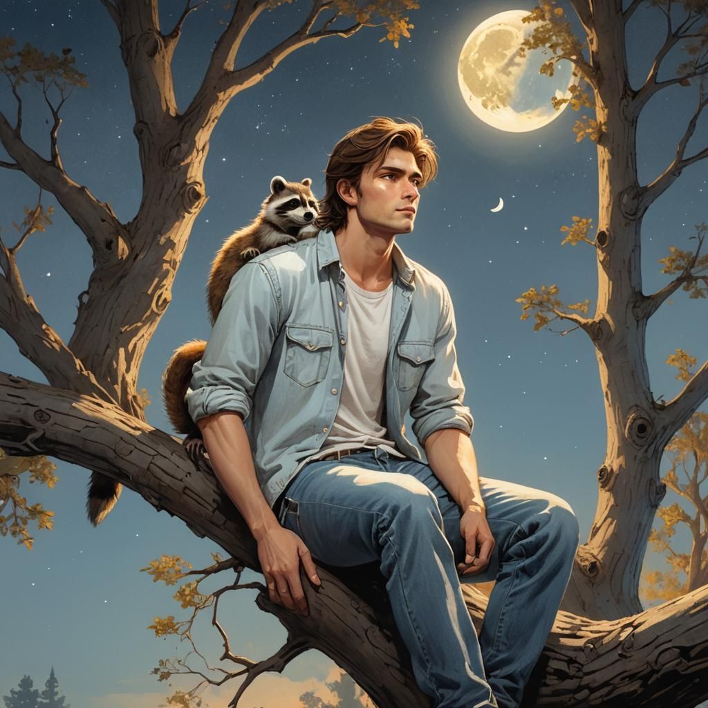 Mystical Forest Scene with Boy Gazing at Moon