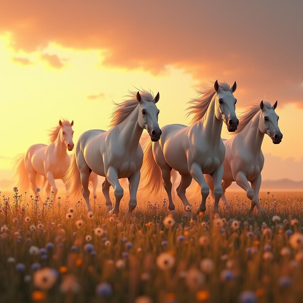 Majestic White Horses Galloping in Golden Light