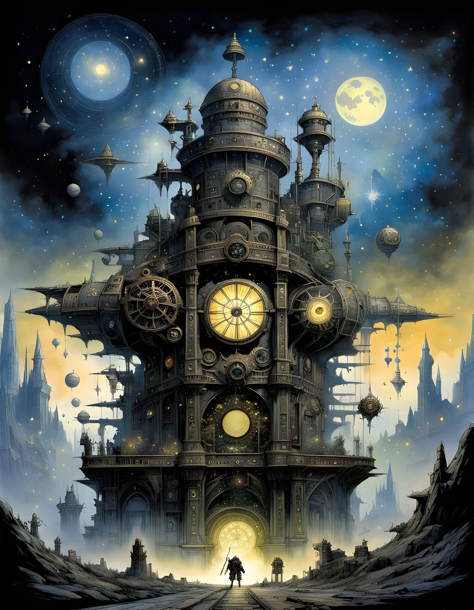 Surreal Steampunk Clocktower in a Galaxy of Wonder