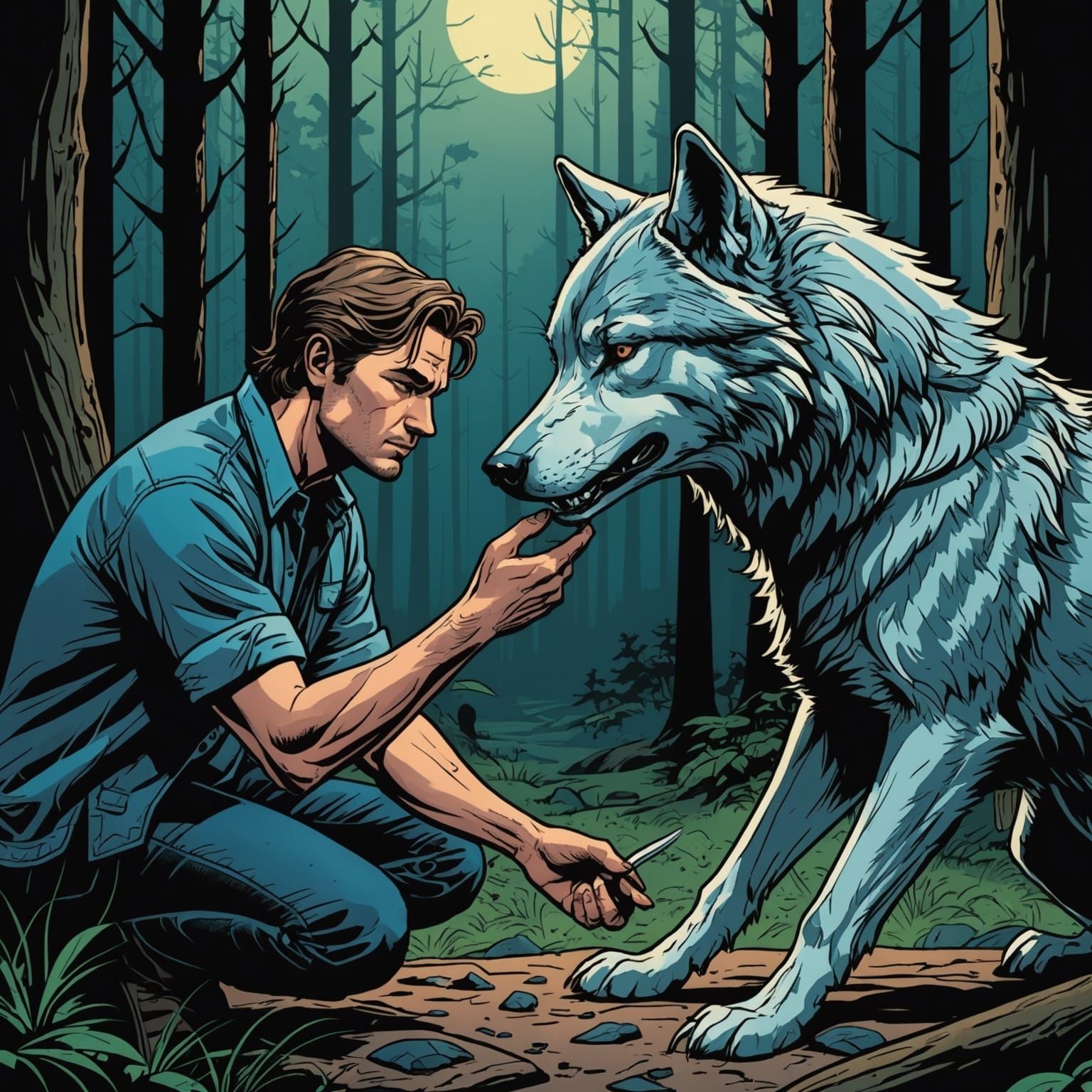Person Petting a Wolf in Comic Book Art