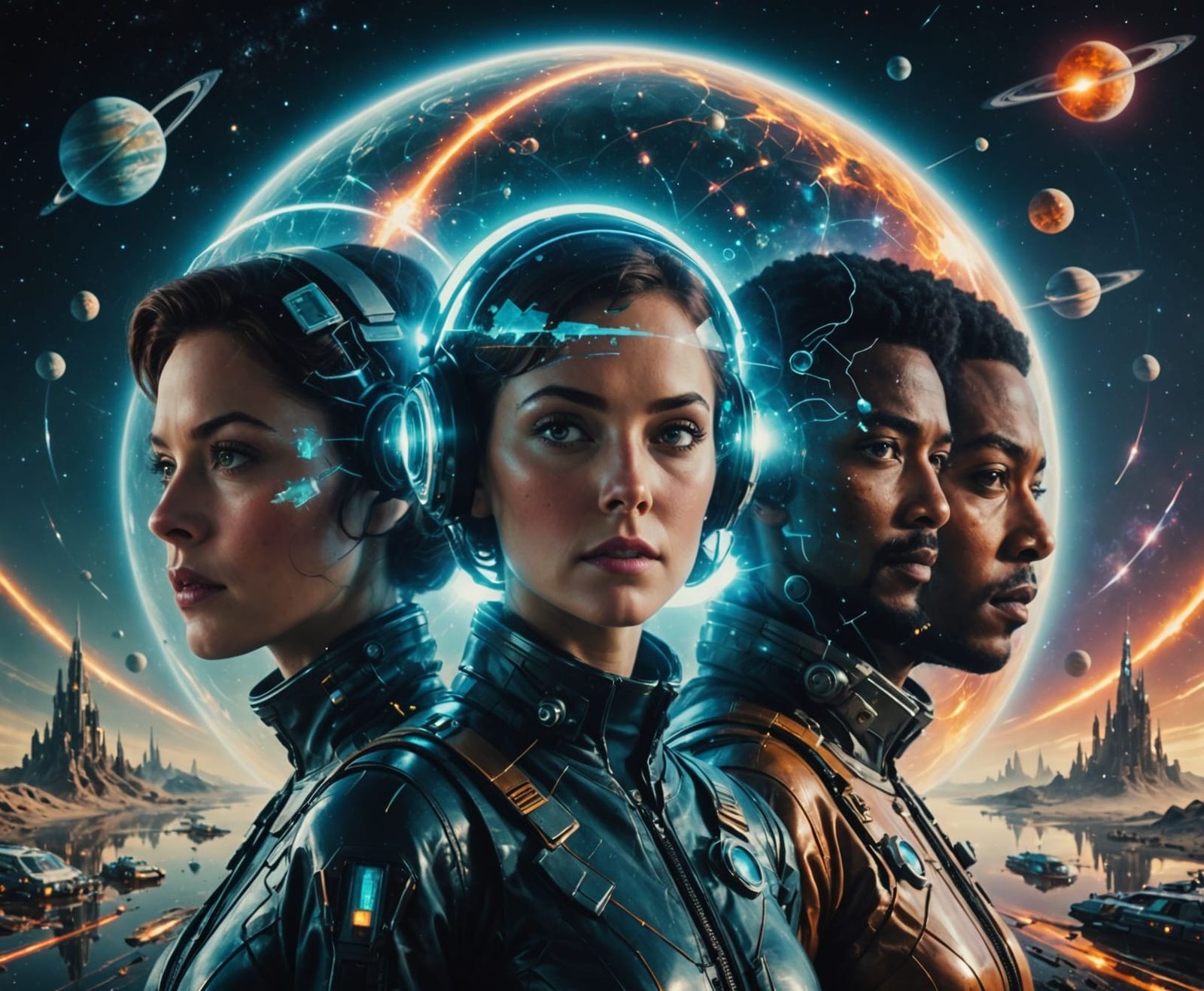 retroweird scifi multiverse double exposure