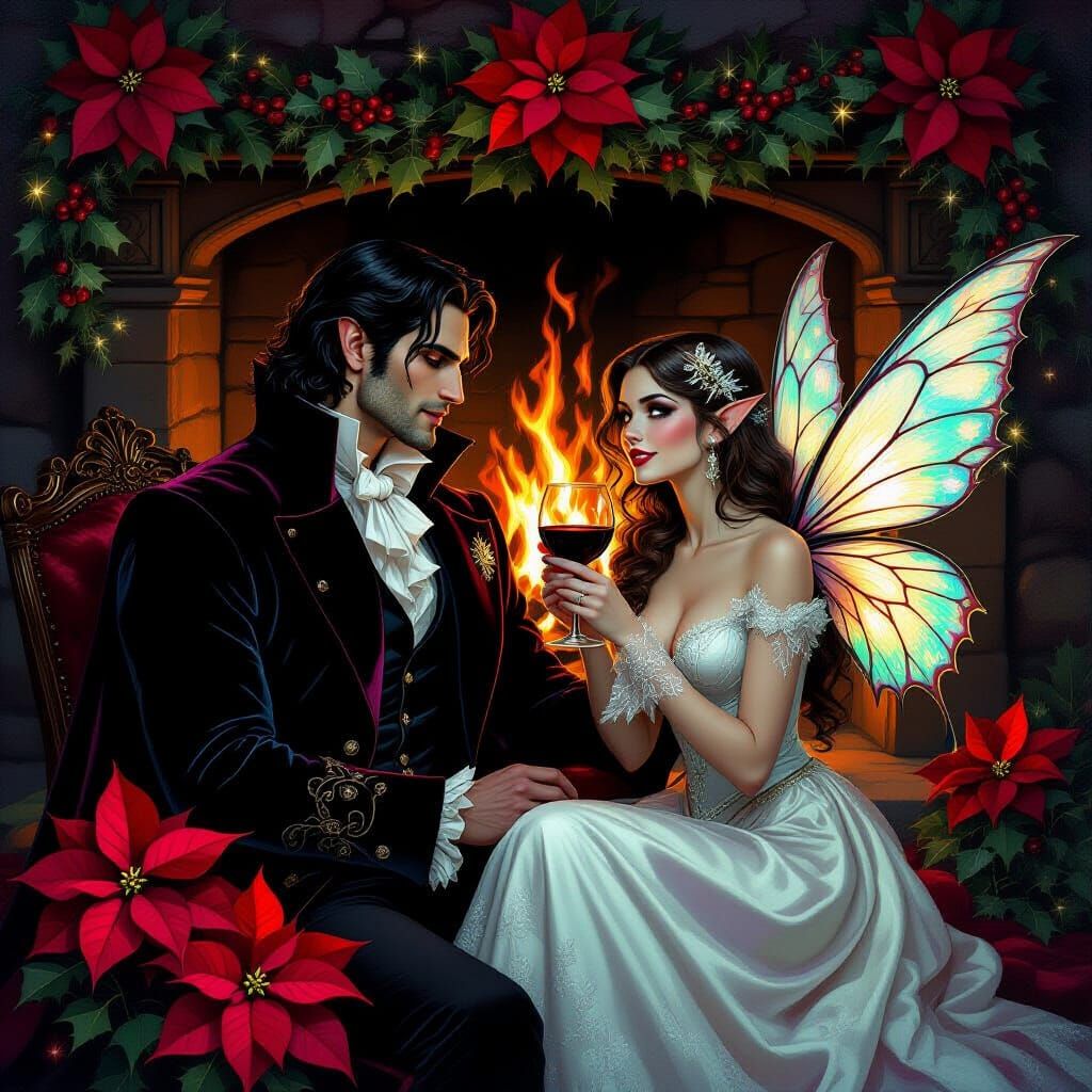 Vampire and Winter Fairy Share Wine by Christmas Hearth