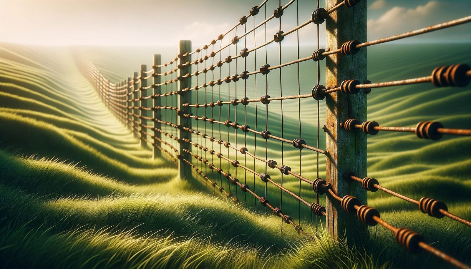 Pasture with Rusted Wire Fence in Sunlight
