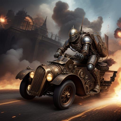 A steampunk knight running away from an exploding steampunk ...