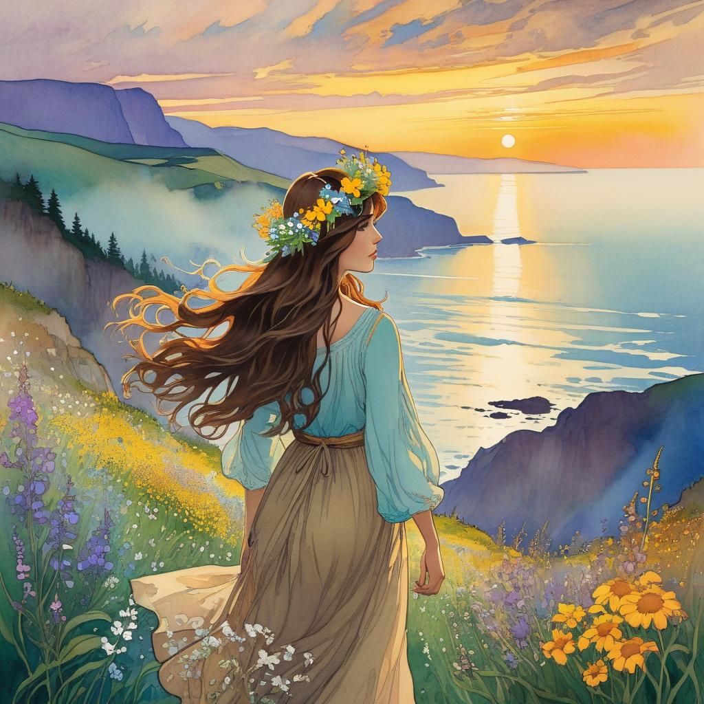 Dreamscape: Woman with Flower Crown in Watercolor