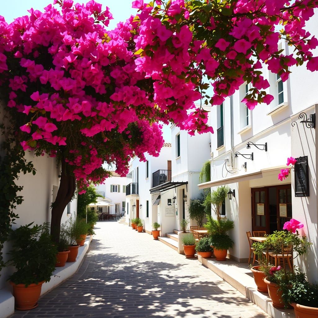 Mediterranean Village with Bougainvillea in Summer Light