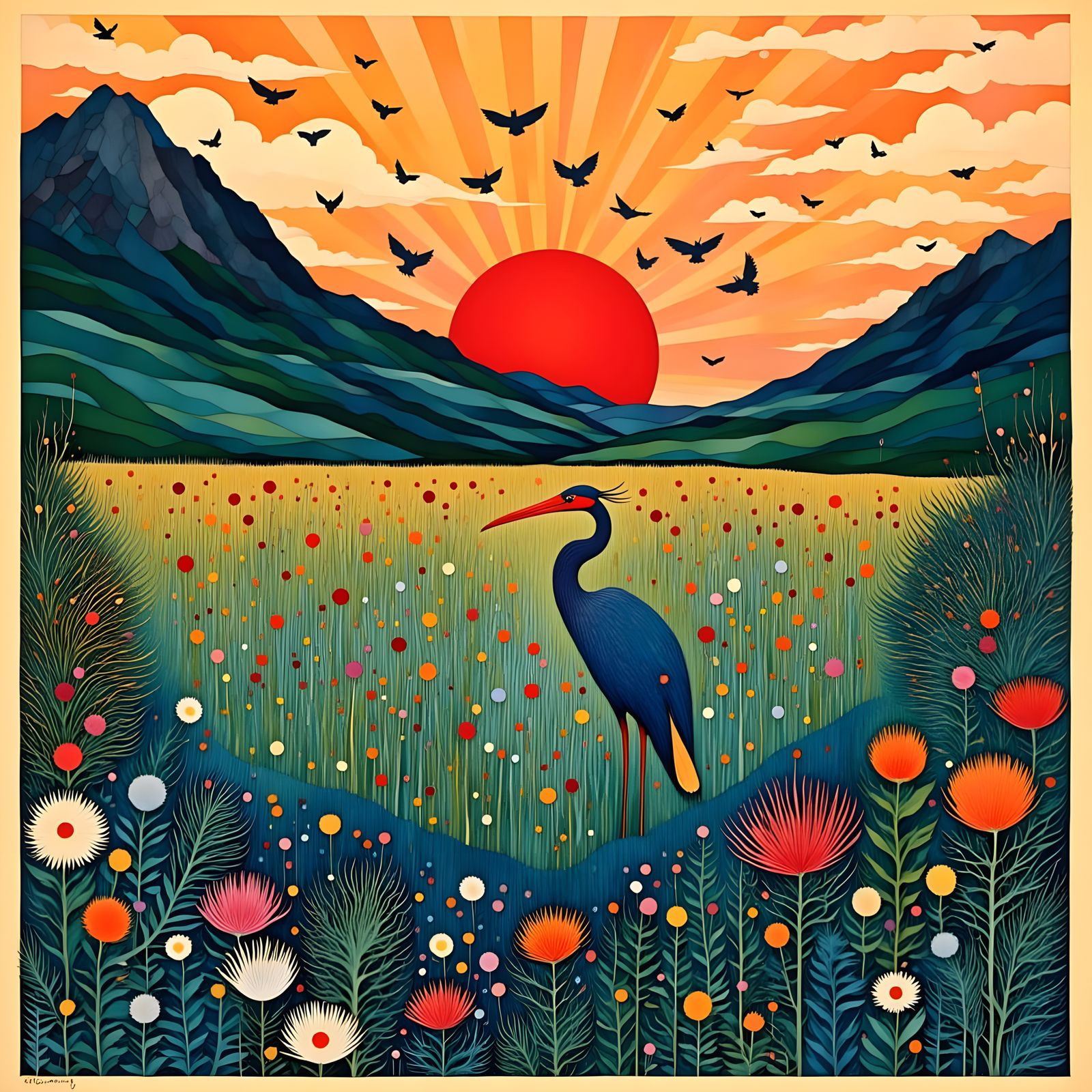 Vibrant Woodcut Scene of Tropical Paradise