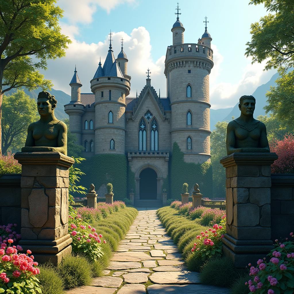 Majestic Scottish Castle in Lush Fantasy Garden