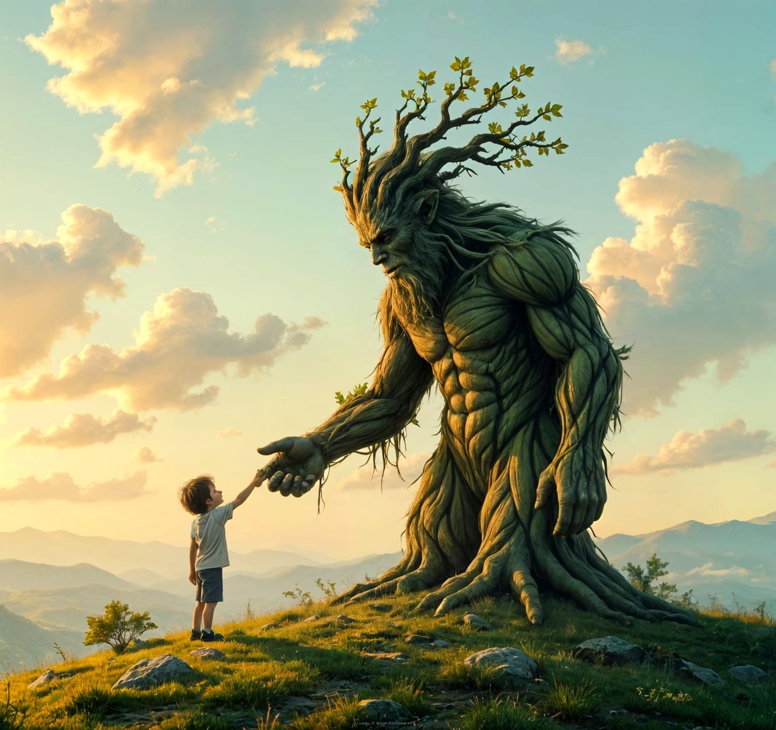 Giant Tree Creature and Boy in Melancholic Matte Painting