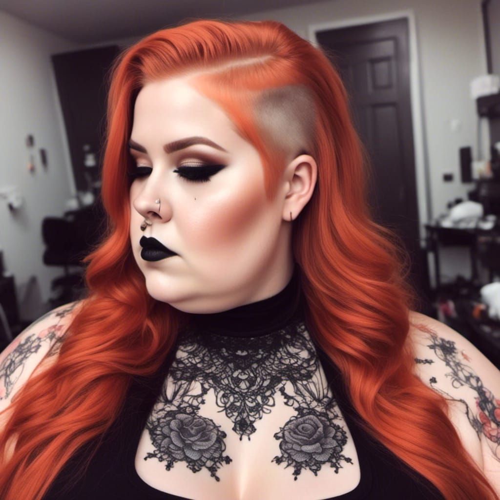 Gothic Plus-Size Woman with Shaved Head in Hyperrealism