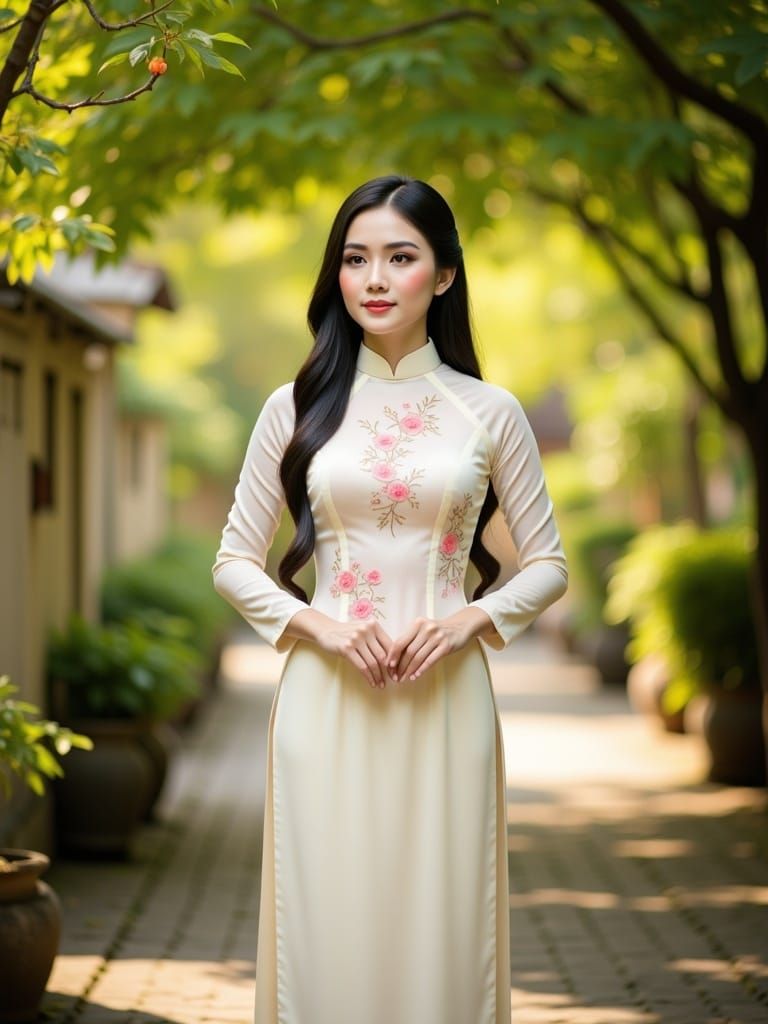 Woman in Vietnamese Ao Dai in Garden