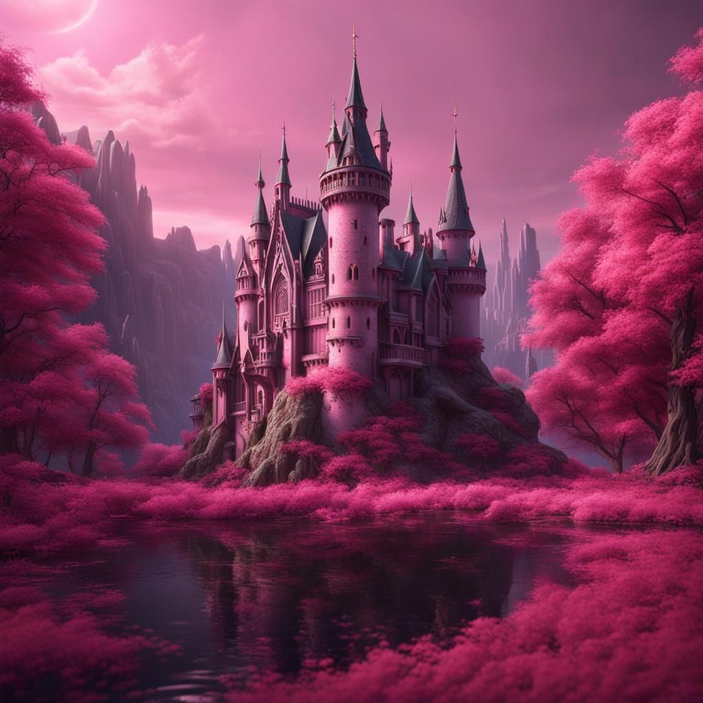 Fantastical Pink Gothic Castle in Detailed Matte Painting