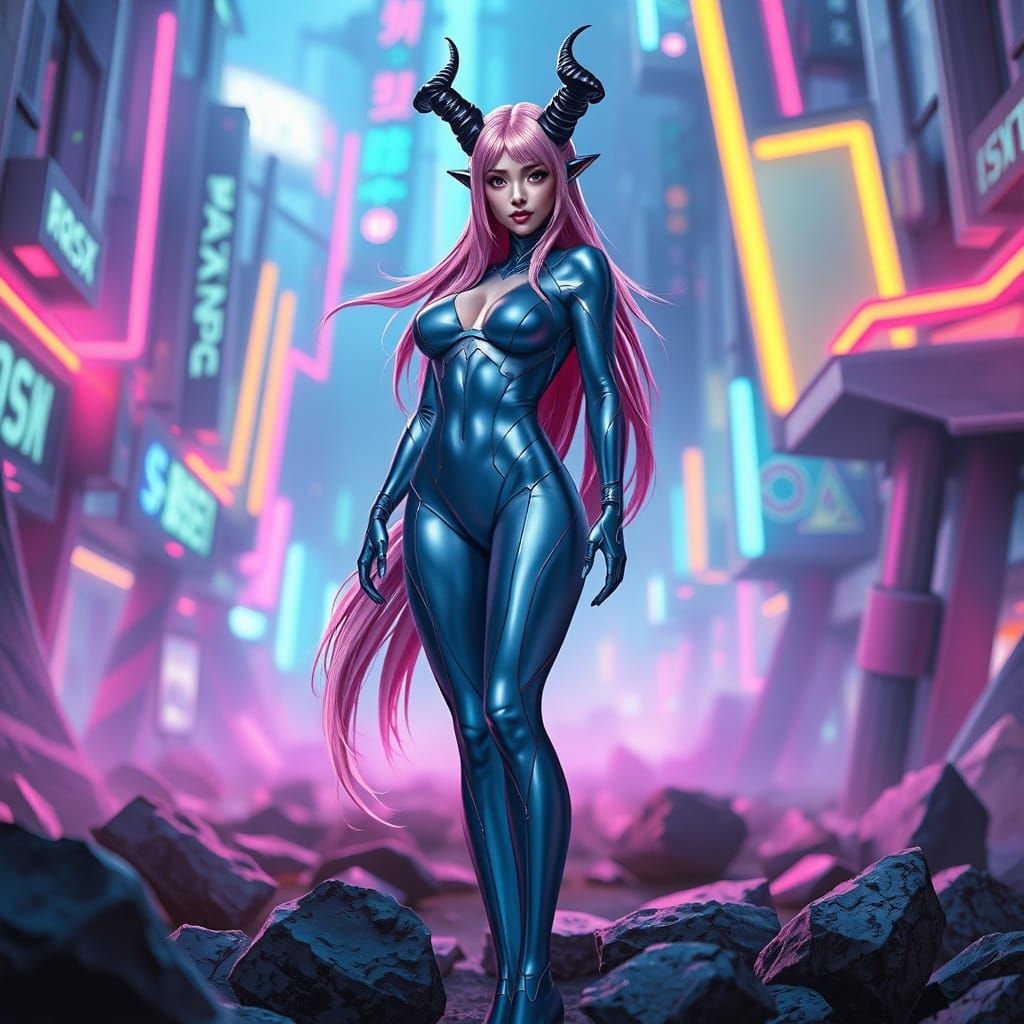 Cyberpunk Goddess in Neon Urban Landscape
