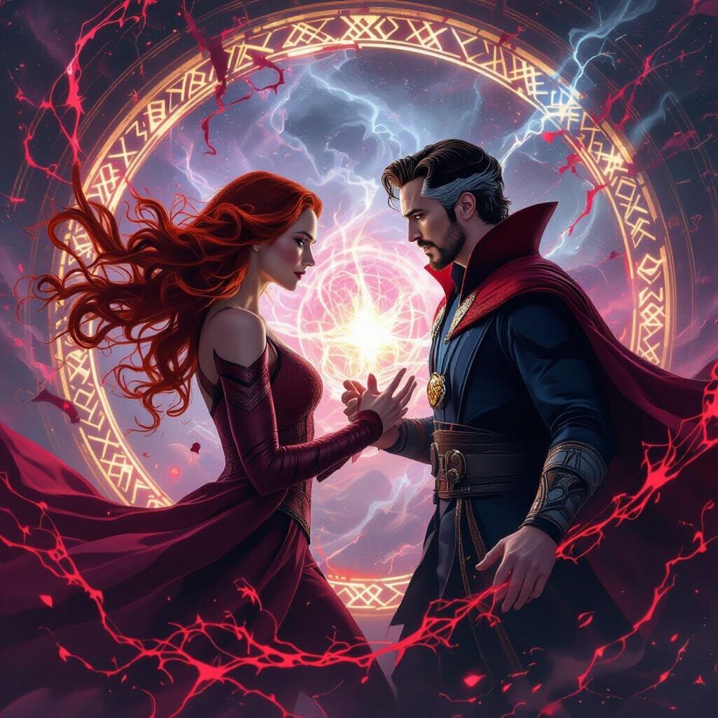 Scarlet Witch and Doctor Strange Fusion in Cosmic Vortex