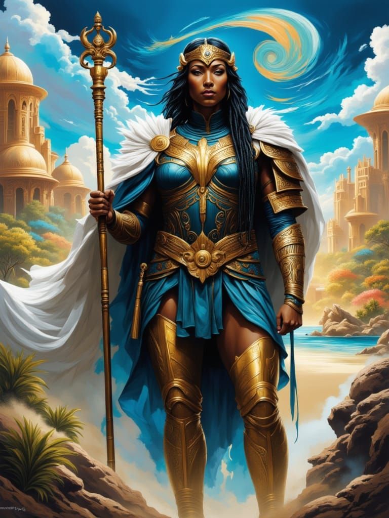 A Majestic Black Amazon Warrior in Golden Armor