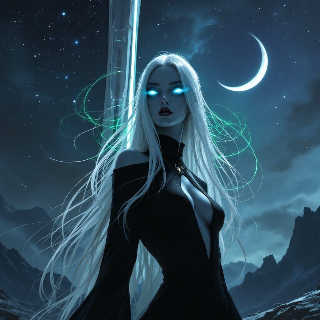 Ethereal Sorceress in Futuristic Space Elevation