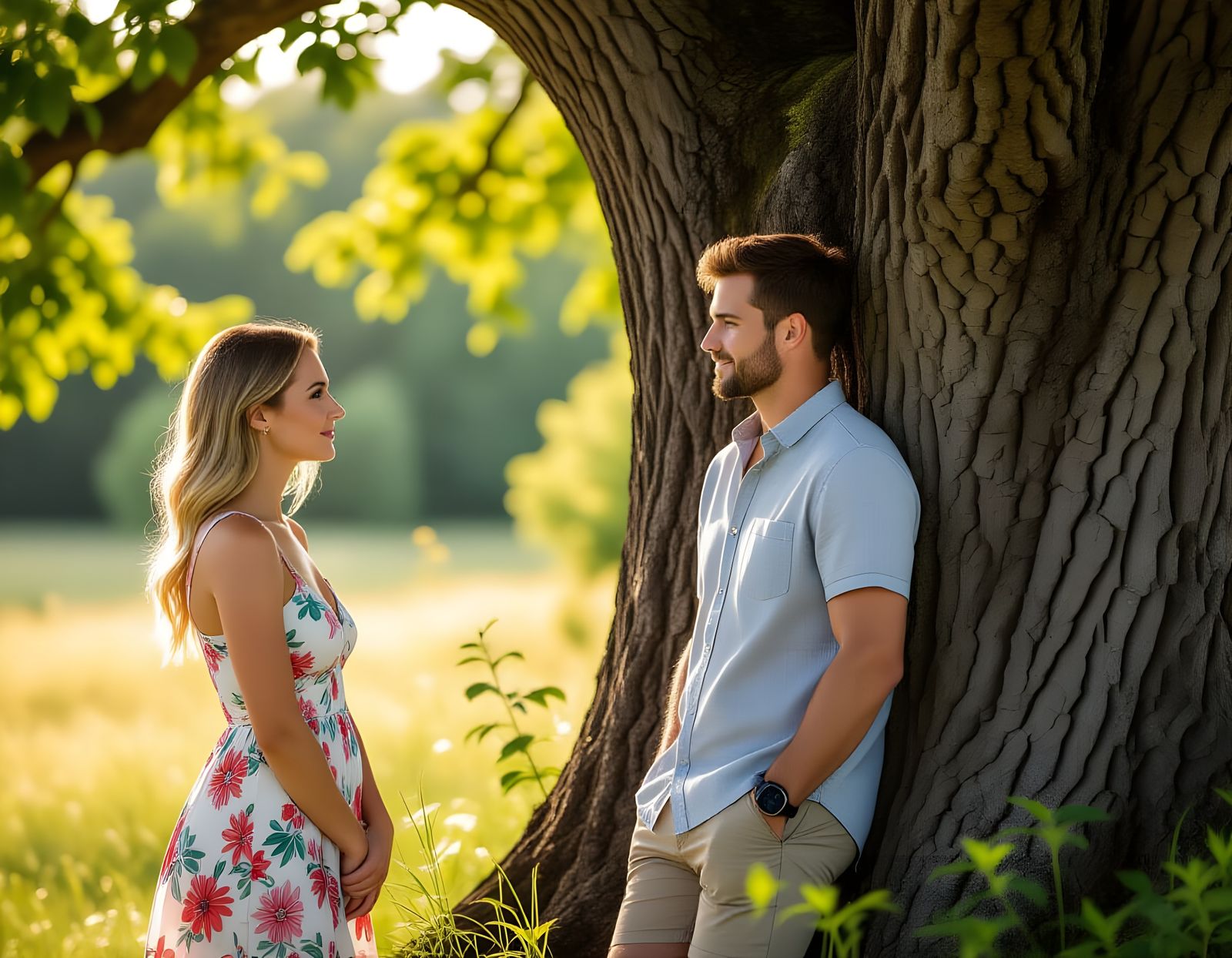 Thoughtful Couple by a Tree in Summer Light