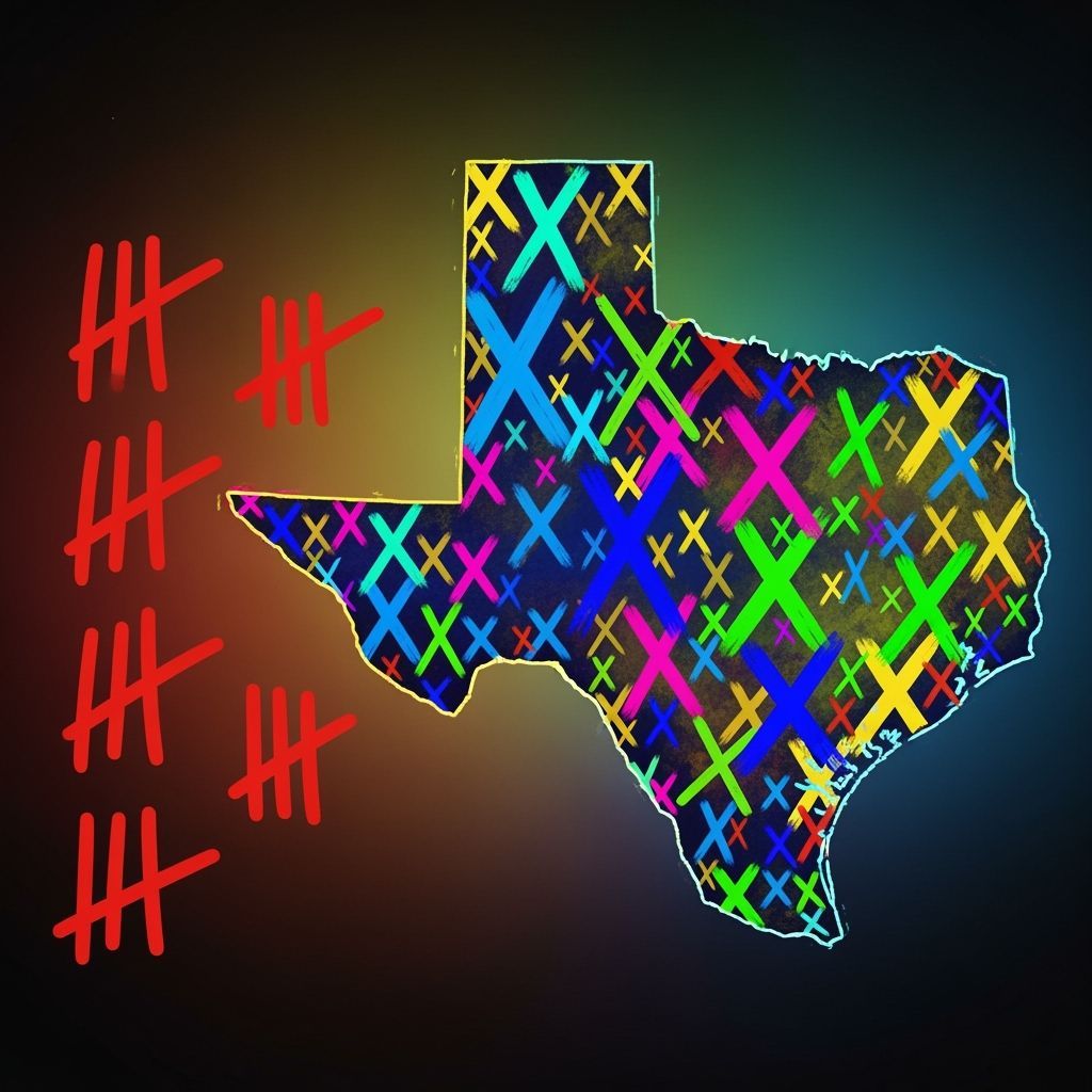 Colorful Texas Map with Xs and Tally Marks