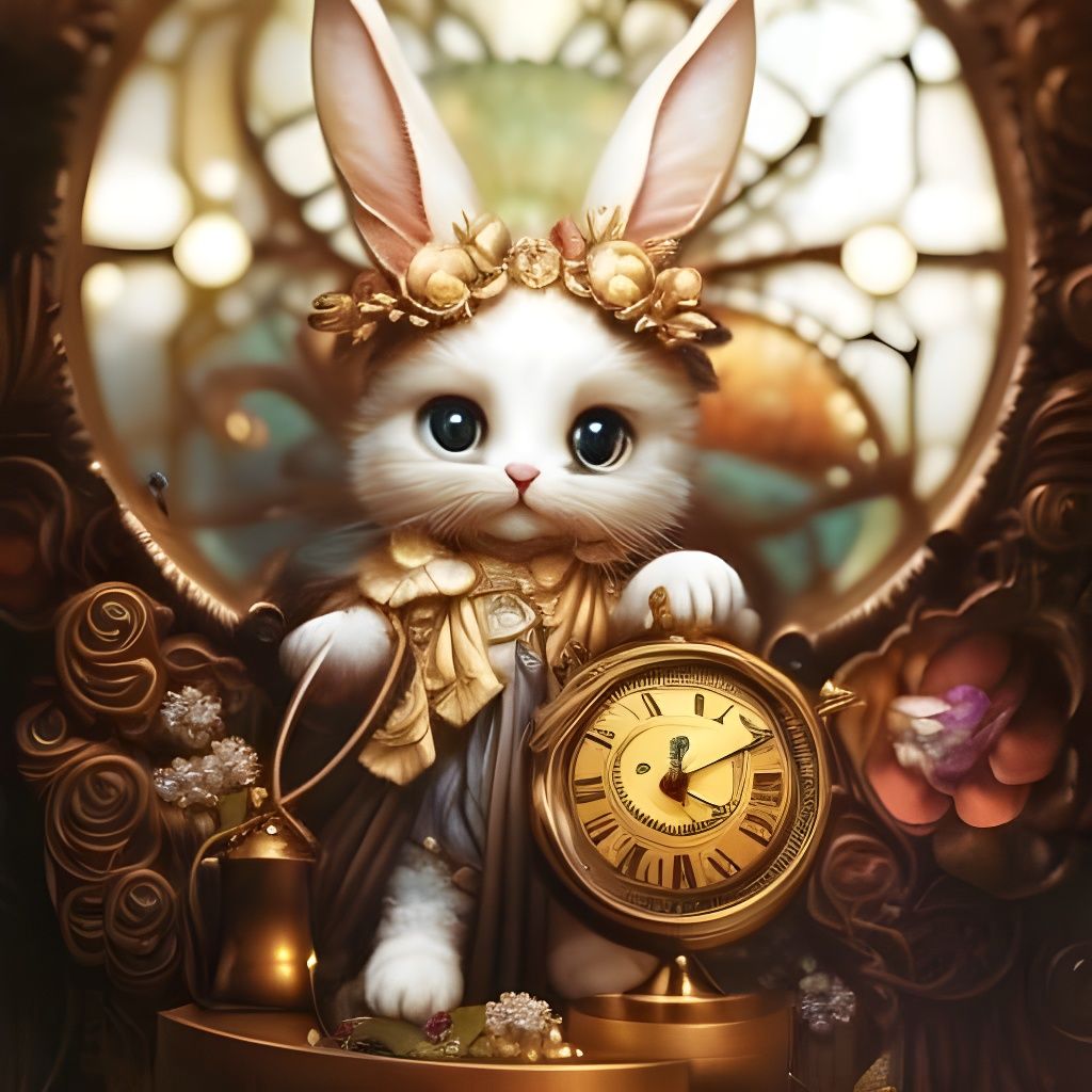 Chibi Rabbit Watchmaker Portrait in Detailed Gouache Style