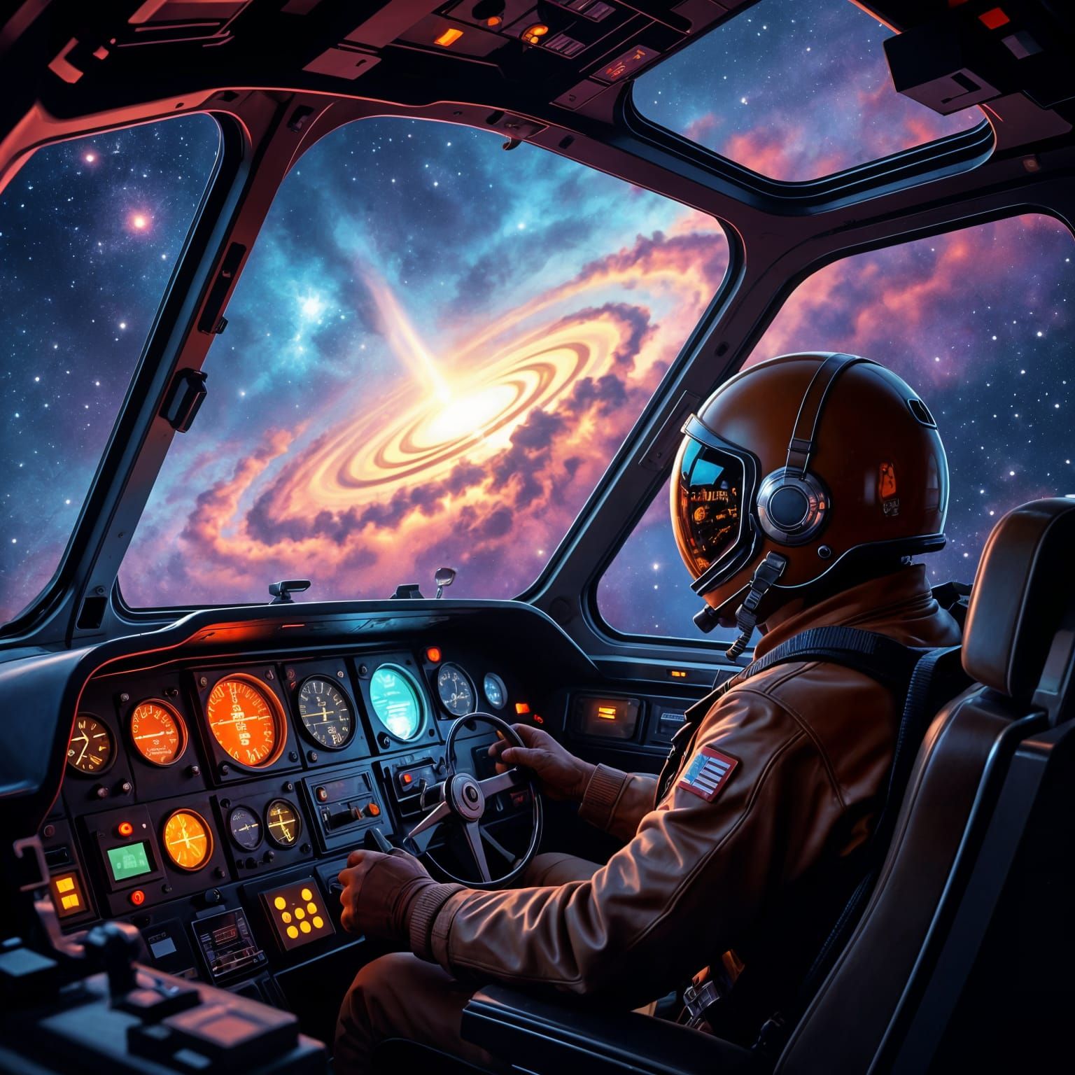 Retro Futuristic Pilot Gazes at Nebula in Atompunk Spaceship