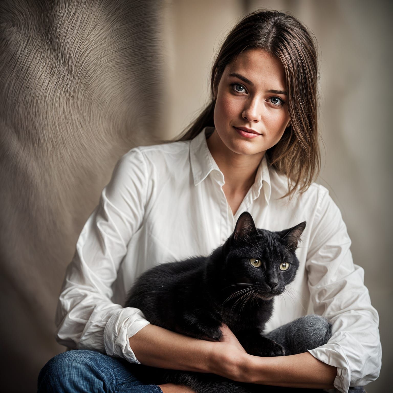 Woman and Cat Portrait in Photorealistic Style