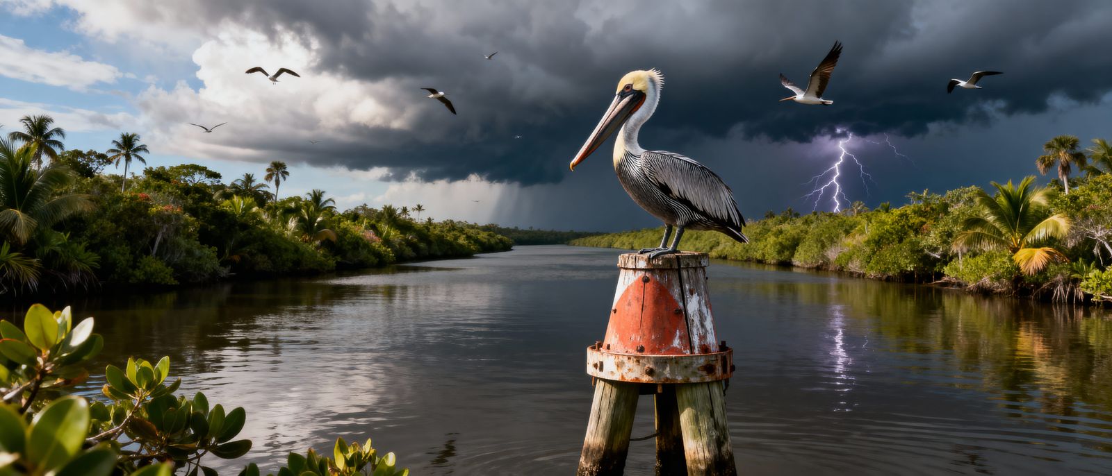 Pelican Perched Amidst Approaching Tropical Storm