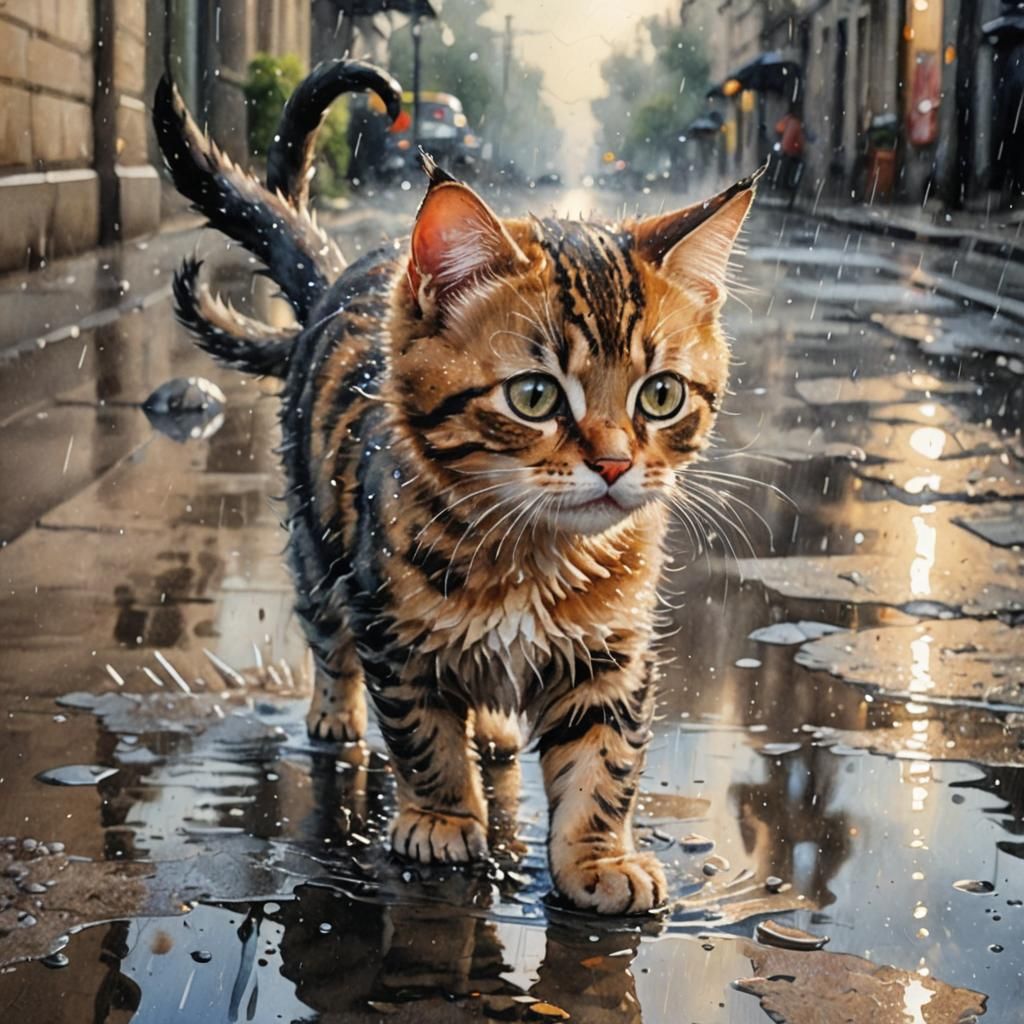 Cat in Rain: Vintage Watercolor Illustration