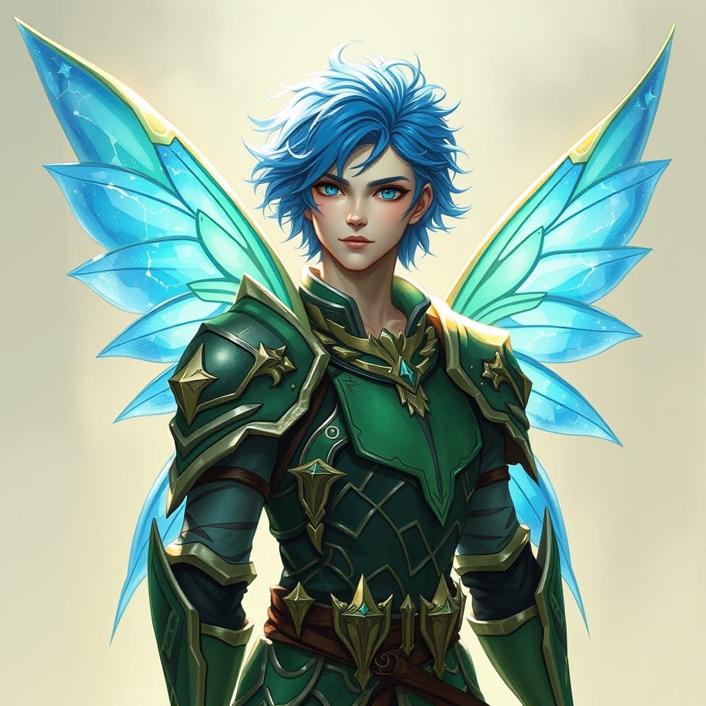 Blue Haired Fairy Knight in Green Armor