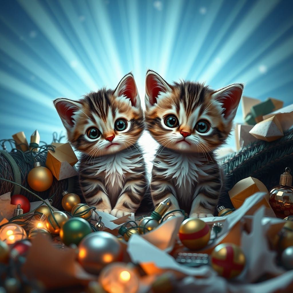 Mischievous Kittens Amidst Christmas Tree Wreckage in Whimsi...