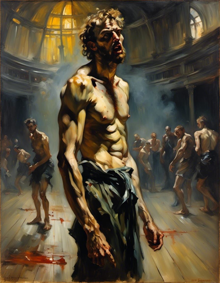Chiaroscuro Oil Painting: Inner-City Brawler in Shadows