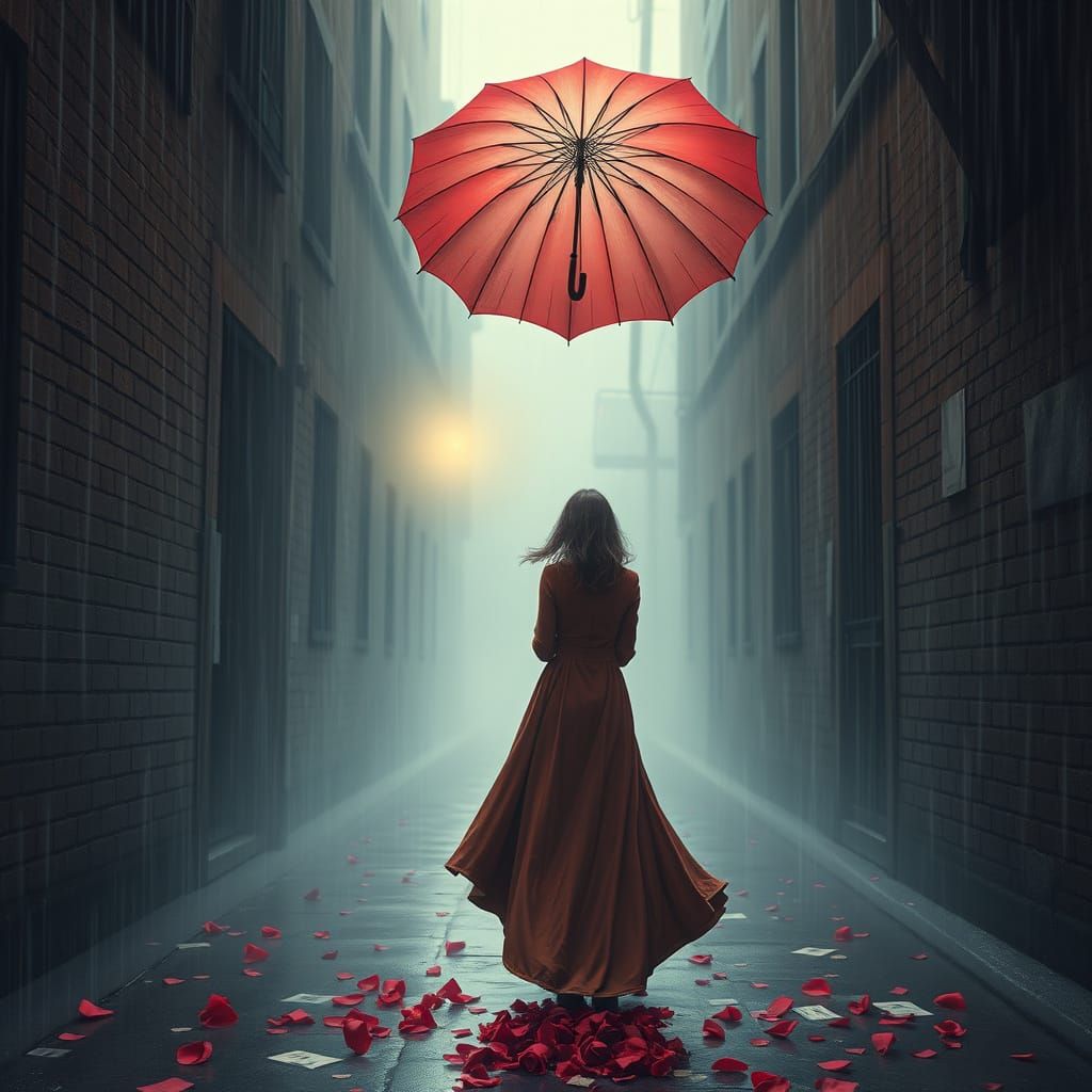 Woman in Rainy Alley with Love Letters, Matte Painting