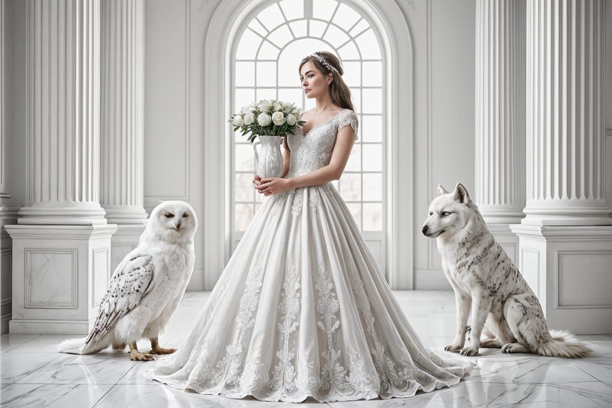 Bride with Snowy Owl and Wolf in White Hall