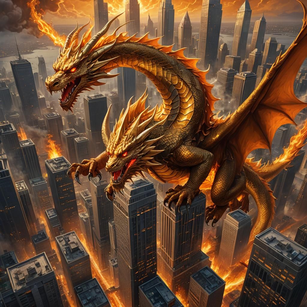Golden Dragon Soaring Through Burning City