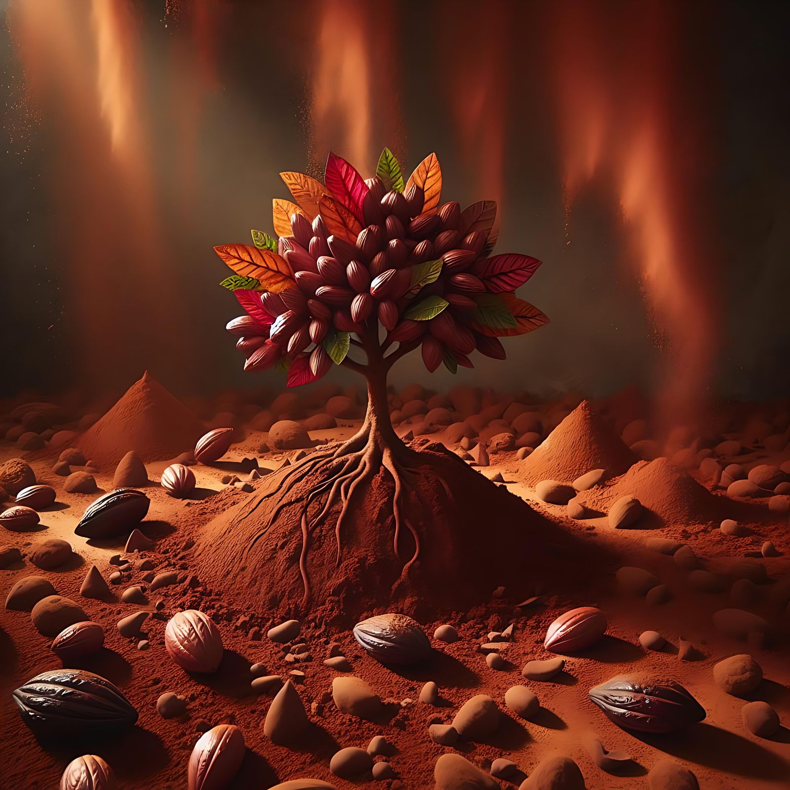 A whimsical scene of a cacao tree planted in cocoa powder