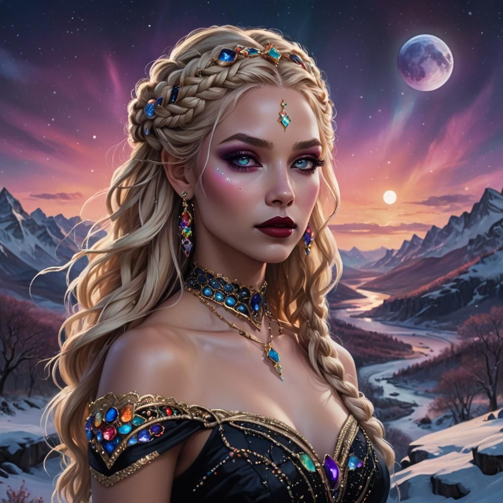Goddess in Snowy Landscape with Aurora Borealis