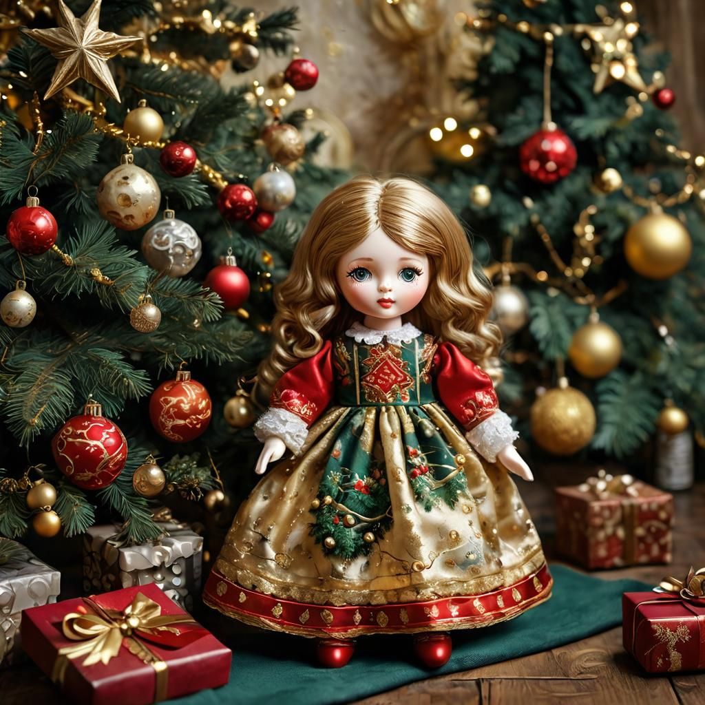 Handmade Doll by Christmas Tree: Oil Painting