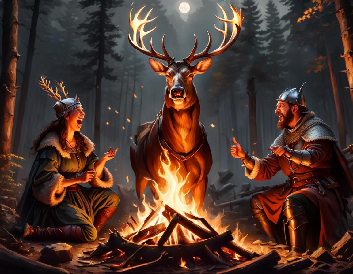 Medieval Campfire Scene with Deer Roast