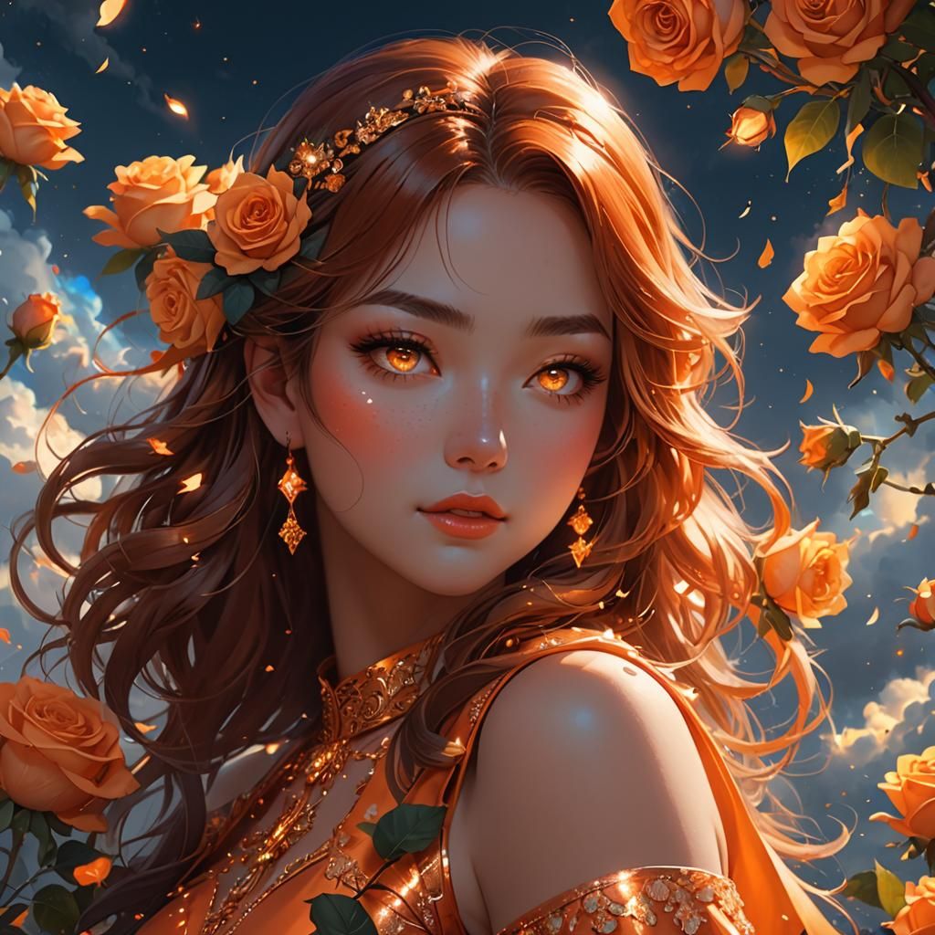Cute Orange Girl Digital Illustration with Roses